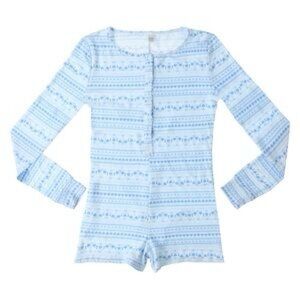 Blue and White Llama Patterned Long Sleeve Lounge Romper Large NWT